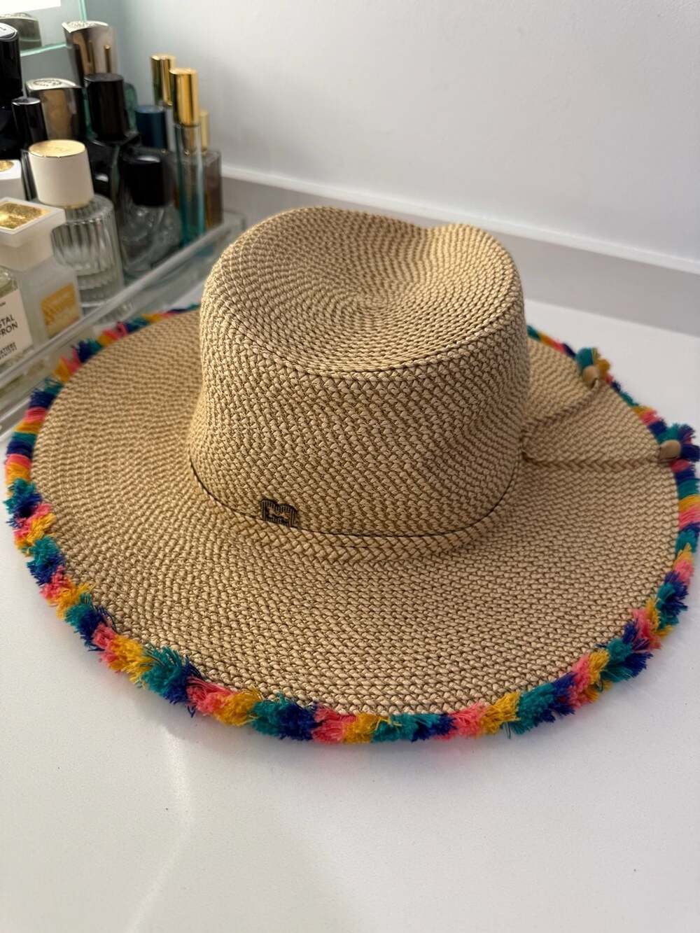 Eric Javits Straw Fedora Hat with Multicolor Pom Pom Trim UPF 50+ - Picture 2 of 5